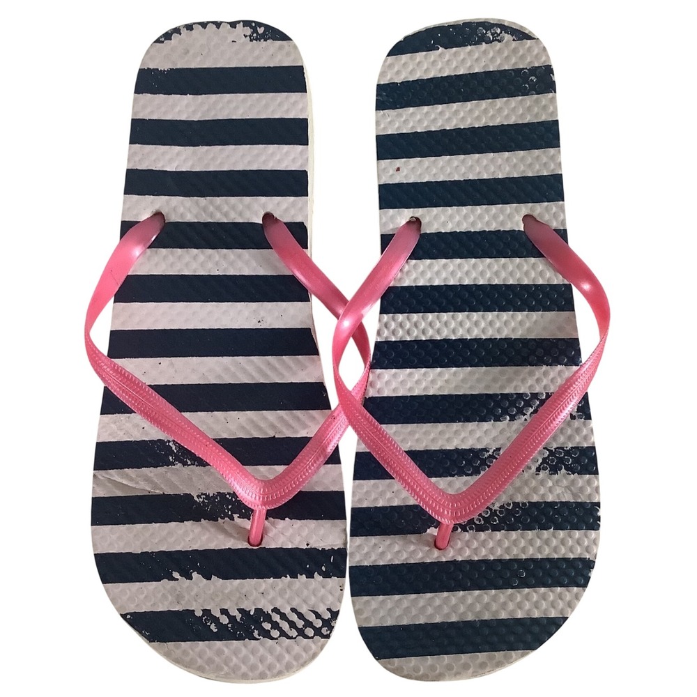 Womens Navy Blue White Striped Flip Flops Pink Straps Summer Beach Sandals Size9
